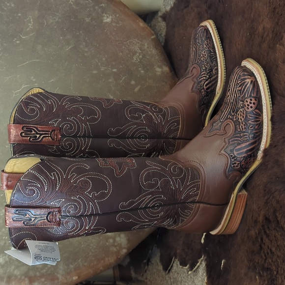 Tin Haul Shoes Tin Haul Cactooled Tall Brown Leather Tooled Overlay